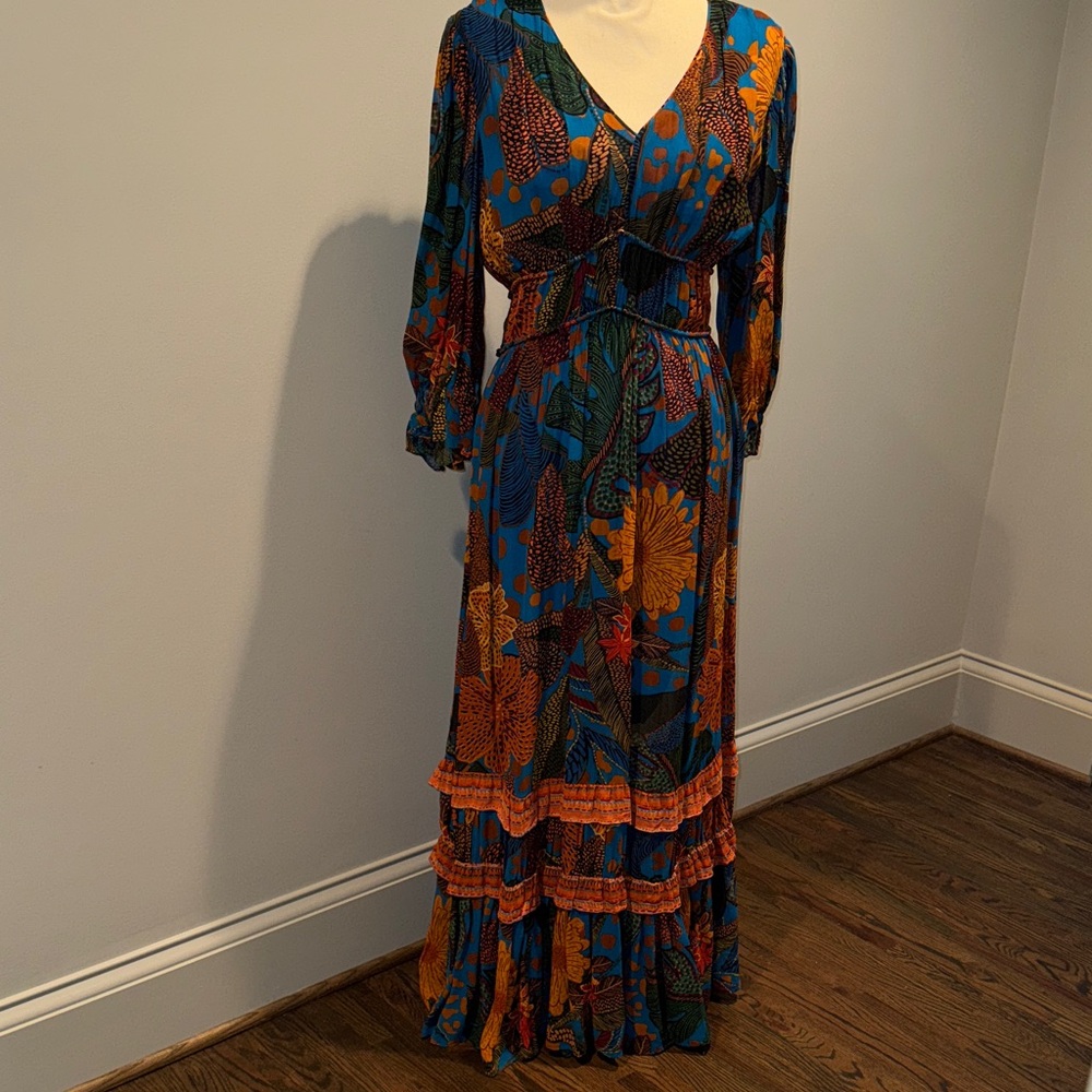 FARM Rio Blue & Orange Floral Tiered Bishop Sleeve Dress Sz S